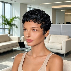 Könnte beinhalten: Eine Person mit kurzem, dunklem, lockigem Haar in einem Pixie-Schnitt. Das Haar ist tiefschwarz mit einem glänzenden Finish und definierten, engen Locken, die Stirn und Schläfen umrahmen. Die Person trägt ein schlichtes, hellbeiges Top.