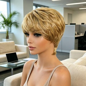 Könnte beinhalten: Eine kurze, gestufte blonde Perücke mit texturiertem Finish und weichem Pony, der das Gesicht umrahmt. Das Haar weist eine Mischung aus hellen und goldblonden Tönen auf und ist in einem modernen, kurz geschnittenen Stil gehalten.