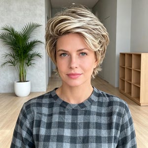 Aangepaste labels, honingblonde gehighlighte korte gelaagde pixiepruik