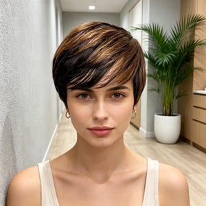 Op de afbeelding: Een kort, gelaagd kapsel met een mix van donkerbruine en goudblonde highlights. Het haar is gestyled met een zijwaartse pony die het gezicht omlijst. Kleine, dunne gouden oorringen zijn zichtbaar aan beide oorlellen, en een lichtgekleurd hemdje.
