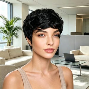 May include: A short, wavy black wig with a textured, layered cut and a natural-looking hairline. The hair is styled in a voluminous, cropped fashion with soft waves throughout, providing a full appearance that frames the face with dark, glossy strands.