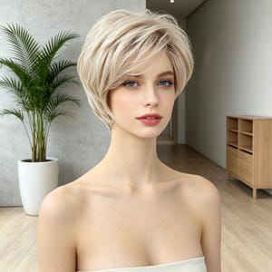 May include: A short, layered blonde wig with a side-swept fringe and voluminous texture. The hair features a mix of light platinum and ash blonde tones, styled in a cropped cut that frames the face with soft, feathered layers throughout the crown.