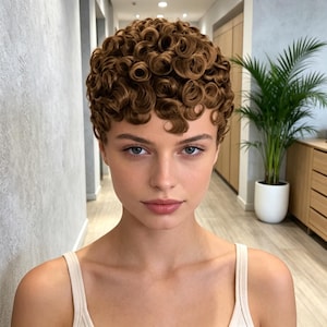 May include: A short, textured hairstyle featuring tight, defined brown curls that frame the face. The hair is styled in a cropped cut with a rounded shape, showcasing a rich, warm brown colour with subtle highlights throughout the curls.