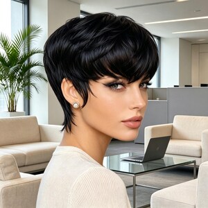 May include: A person with a short, layered black pixie haircut, styled with textured bangs and side-swept pieces. The individual is wearing a small, round white pearl stud earring in the earlobe and a simple, light-coloured ribbed knit top.