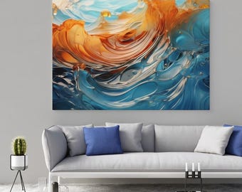 Tableau Abstrait Fluide, Vague Ambre & Bleu Turquoise, Art Liquide Contemporain