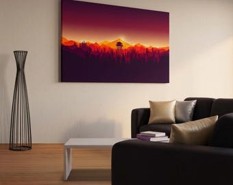 Tableau toile Firewatch - coucher de soleil forêt montagne, art minimaliste canvas & déco salon