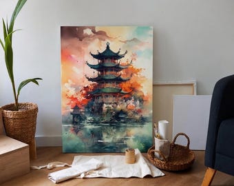 Tableau aquarelle pagode japonaise, Asian Zen Wall Art, cadeau spirituel