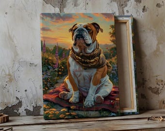 Majestic English Bulldog Canvas Art – Sunset Garden Portrait, Modern Home Decor