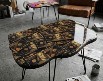 Mesa de centro de resina epoxi hecha a mano / Diseño de billete de cien dólares estilo arte callejero, acabado brillante, decoración moderna para sala de estar.