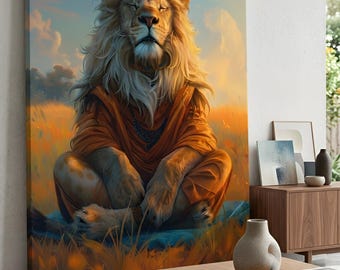 Meditating Lion Canvas Art, Spiritual Zen Pop Art Decor