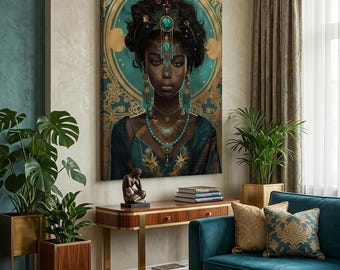 Mystical African Woman Portrait Canvas Art, Ethnic Modern Vintage Home Decor