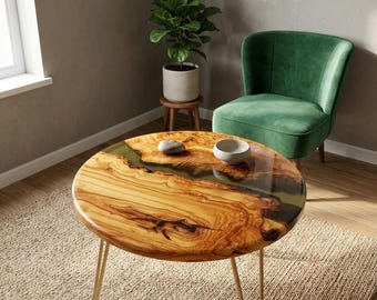 Round Olive Wood Epoxy Coffee Table – Black Steel Hairpin Legs, Handmade Living Room Furniture