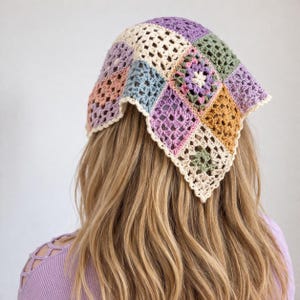 Crochet Granny Square Headscarf | Handmade Patchwork Boho Hair Wrap Cottagecore Accessory