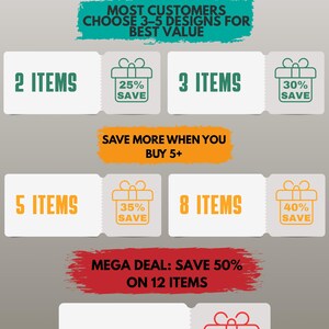 Pode incluir: Gr&aacute;fico promocional com texto que oferece descontos. O texto diz "Compre mais, economize mais, at&eacute; 50% de desconto". Mostra economias de 25% a 50% na compra de 2, 3, 5, 8 ou 12 itens. A imagem inclui o texto "A maioria dos clientes escolhe 3-5 designs para o melhor valor."