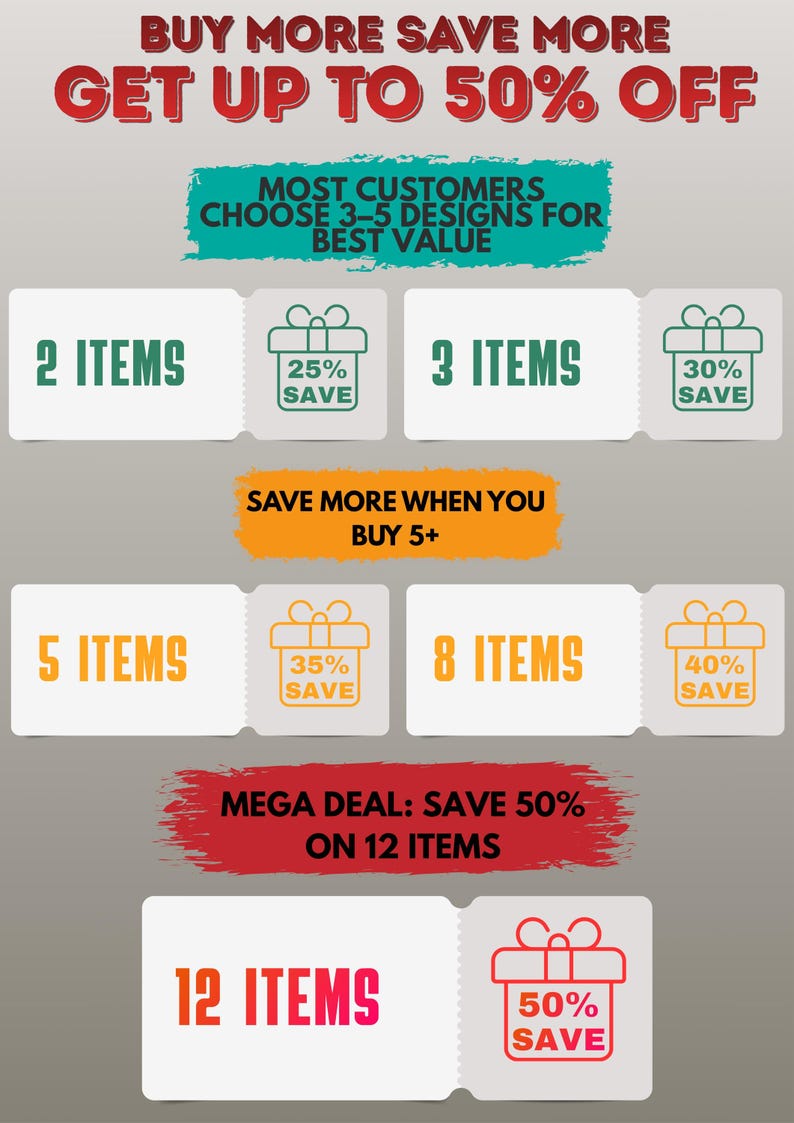 Pode incluir: Gr&aacute;fico promocional com texto que oferece descontos. O texto diz "Compre mais, economize mais, at&eacute; 50% de desconto". Mostra economias de 25% a 50% na compra de 2, 3, 5, 8 ou 12 itens. A imagem inclui o texto "A maioria dos clientes escolhe 3-5 designs para o melhor valor."