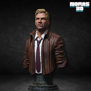 May include: A bust of a man with blonde hair, wearing a brown leather jacket, white shirt, and burgundy tie. The bust is on a stone pedestal. The text "NORAS 3D" is in the upper right corner.