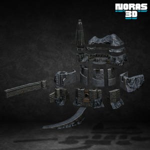 Peut inclure: Ensemble de composants de château et de forteresse en pierre grise, comprenant des murs, des tours et un pont. Les pièces sont disposées sur un fond sombre, suggérant un thème fantastique ou historique. Le texte "NORAS 3D" est en haut à droite.
