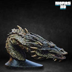 May include: A detailed sculpture of a dragon's head, featuring textured scales in shades of green, brown, and tan. The dragon's open mouth reveals sharp teeth, and the eyes are a striking amber color. The sculpture is mounted on a dark, textured base, with the text "NORAS 3D" in the upper right corner.