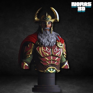 May include: A detailed bust of a Viking warrior with a long gray beard, wearing a golden helmet with horns and a red cape. The warrior's armor is red and gold, with green accents. The bust is mounted on a black pedestal, with the text "NORAS 3D" in the upper right corner.