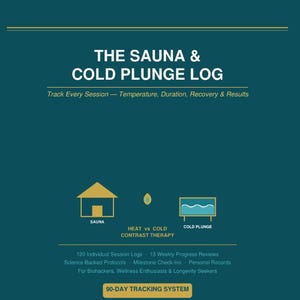 May include: A teal graphic with gold text that reads "THE SAUNA & COLD PLUNGE LOG". It includes icons for a sauna and cold plunge, and text about tracking sessions, protocols, and progress. The bottom text says "90-DAY TRACKING SYSTEM".