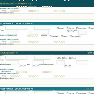 May include: A white and teal session log page with sections for recording experiences with cold plunges and sauna sessions. Includes fields for energy levels, comfort, and notable observations. Page 5.