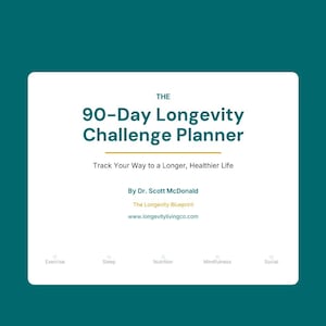 以下が含まれることがあります： 「The 90-Day Longevity Challenge Planner」と書かれた白いプランナー。テキストは「Track Your Way to a Longer, Healthier Life」と書かれています。プランナーには、著者の名前、ウェブサイト、運動、睡眠、栄養、マインドフルネス、ソーシャルのアイコンが含まれています。