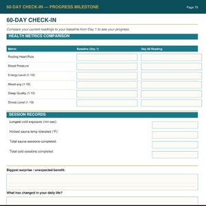 May include: A 60-day check-in progress milestone form with sections for health metrics and session records. The form includes fields for resting heart rate, blood pressure, energy level, mood, sleep quality, and stress level.
