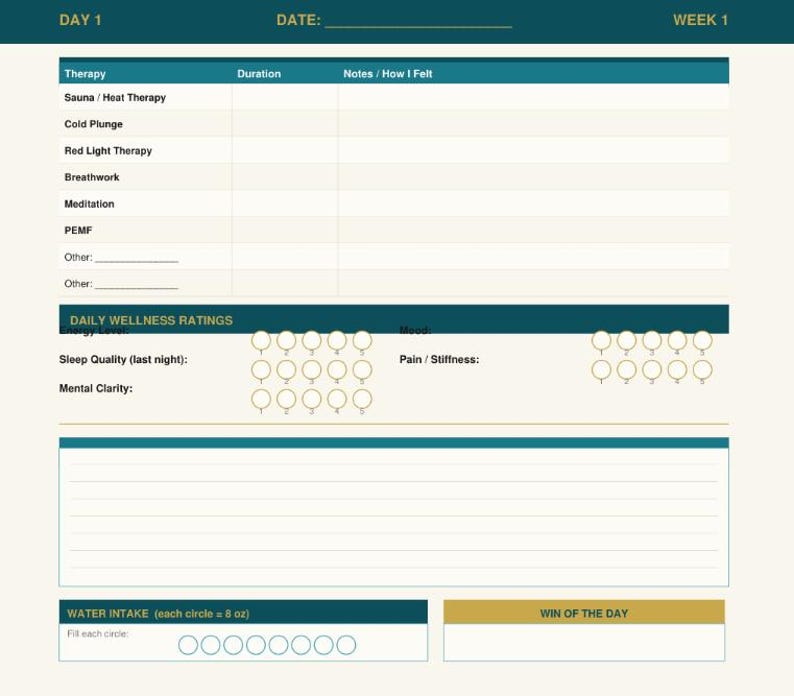 May include: A wellness journal page with teal and gold accents. The page is divided into sections for tracking therapy, daily wellness ratings, water intake, and the "Win of the Day." Includes prompts for notes and how one felt.