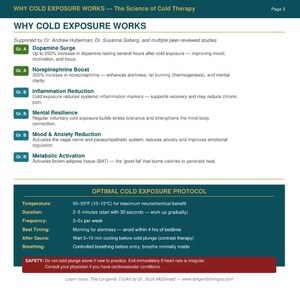 May include: A page from "The Science of Cold Therapy" detailing the benefits of cold exposure. The text includes information on dopamine surge, inflammation reduction, and metabolic activation. A section outlines an optimal cold exposure protocol with temperature, duration, and frequency guidelines.