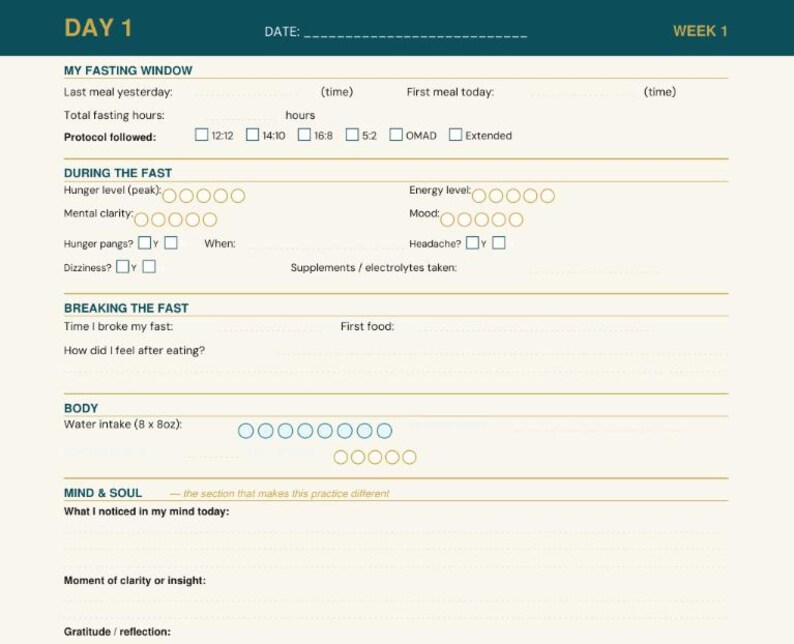 May include: A teal and cream-colored fasting journal page labeled "Day 1" and "Week 1." It includes sections to track fasting windows, hunger levels, energy, and water intake. The journal also has space for notes on mental clarity, mood, and reflections.
