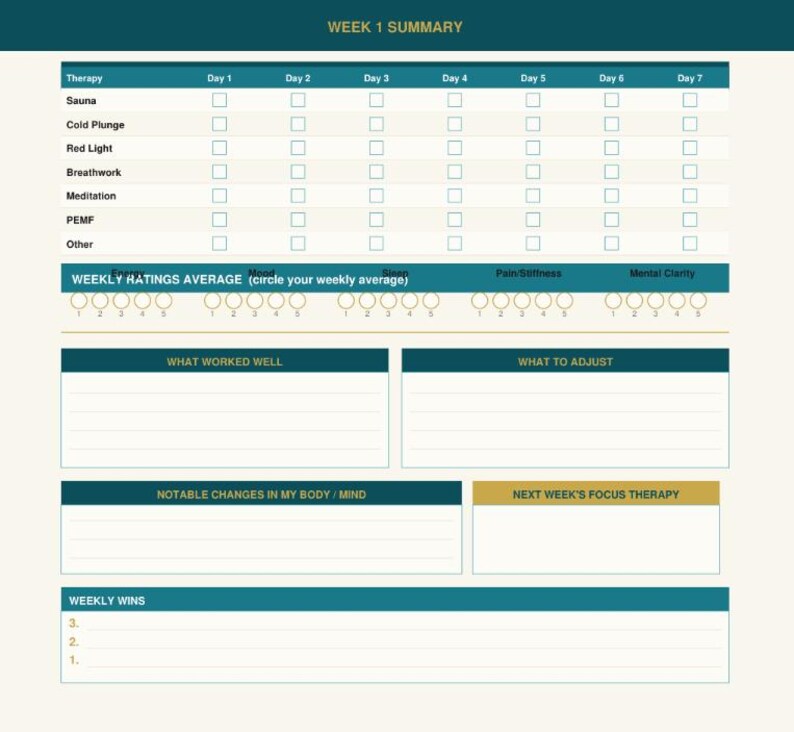 May include: A weekly summary chart with teal and gold accents. The chart includes sections for tracking therapies like sauna, cold plunge, and meditation. It also has areas for weekly ratings and notes on what worked well and adjustments needed.