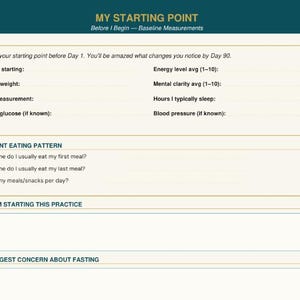 May include: A printable worksheet titled "MY STARTING POINT" with prompts for recording baseline measurements before a 90-day period. Includes sections for weight, waist, eating patterns, and personal concerns. The text is in a teal and white color scheme.