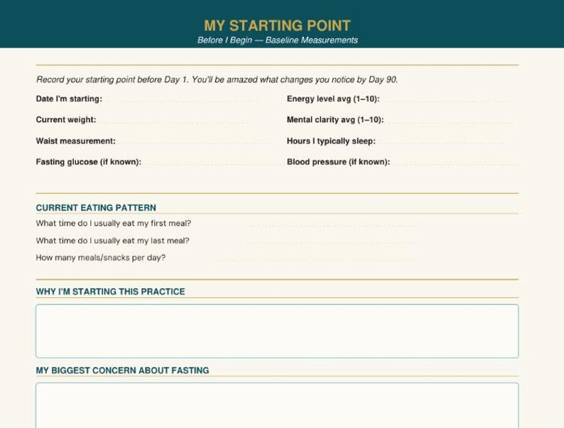 May include: A printable worksheet titled "MY STARTING POINT" with prompts for recording baseline measurements before a 90-day period. Includes sections for weight, waist, eating patterns, and personal concerns. The text is in a teal and white color scheme.