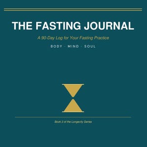 May include: A teal-colored book cover with the title "THE FASTING JOURNAL" in white capital letters. Below, text reads "A 90-Day Log for Your Fasting Practice" and "BODY • MIND • SOUL." A gold hourglass graphic is centered. "Book 3 of the Longevity Series" is at the bottom.