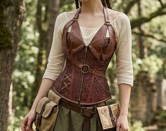 Gorset skórzany w stylu renesansowym wikingów, średniowieczny gorset overbust, damski gorset steampunk edwardiański, historyczne stroje cosplay do LARP fantasy