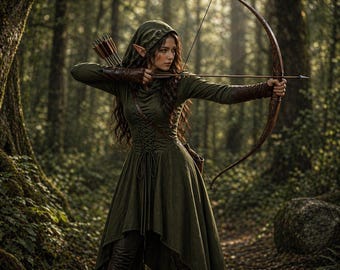 Szata łuczniczki z kapturem Ren Faire, średniowieczna sukienka wróżki fantasy, wiktoriański strój elfa fantasy, renesansowa suknia historyczna, sukienka do larpów
