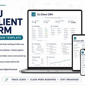 Peut inclure: Une maquette numérique Notion pour DJ, intitulée "DJ Client CRM". L'interface affiche les données clients, les pipelines de prospects et le suivi des revenus. L'image présente un ordinateur portable, une tablette et un smartphone.