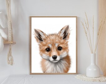 Stampa per cameretta con cucciolo di volpe rossa, decorazione murale con animali del bosco (download digitale)