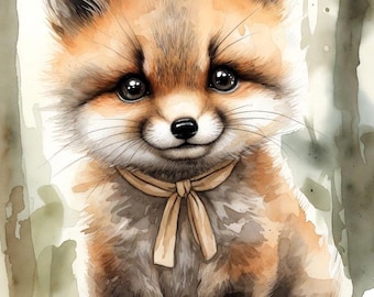 Illustrazione ad acquerello di una piccola volpe rossa / Illustrazione di un animale del bosco per la cameretta (PNG)