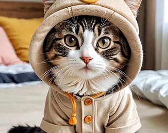 Gatto con giacca con cappuccio - Stampa artistica / Ritratto di animale domestico stravagante (Download digitale)