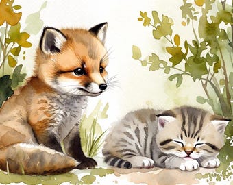 Stampa per cameretta con volpe rossa e paesaggio boschivo, acquerello di animali da parete (download digitale)