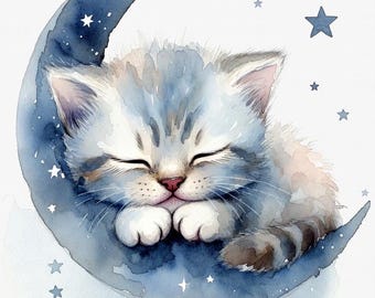 Illustrazione ad acquerello di un gatto blu per la cameretta / Gattino addormentato sulla luna PNG (Download digitale)