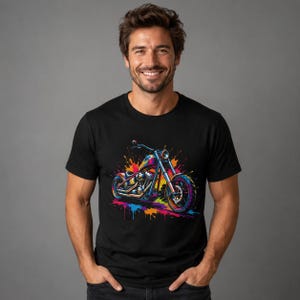 Colorful Motorcycle T-Shirt, Pop Art Biker Tee for Riders, Vibrant Chopper Graphic Shirt, Street Art Motorbike Gift, AI Generated Artwork