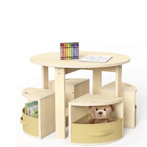 Kids Round Nesting Activity Table and Chair Set with 4 Storage Stools - Space-Saving, Natural Wood Finish Furniture for Living Room