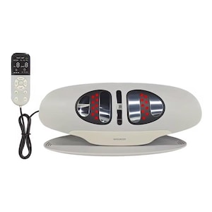 May include: A light gray electric massager with a curved base and a central unit featuring two metallic panels with red light indicators. The device is connected by a black cord to a handheld remote control with a digital display and button interface.