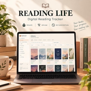 Op de afbeelding: Een digitale lees-tracker op een laptopscherm getiteld Reading Life, met een bibliotheekinterface met boekomslagen, zoekfilters en navigatiemenu's. Tekst: Private, Offline, No Subscription, Your books. Your progress. Your reading life.