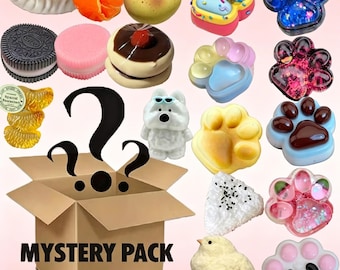 Adorable kawaii squishies in a sealed mystery pack: dumplings, paw prints, donuts, and more—soft, satisfying, and totally unpredictable.