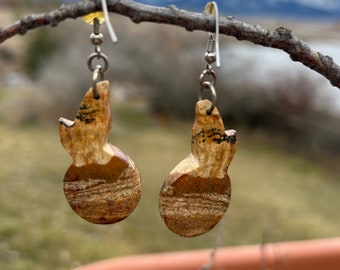 Earrings, dangling, Polished stone, earth tones, rabbit guitar shape