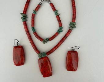 Jewelry set necklace earrings bracelet turquoise and coral or jasper