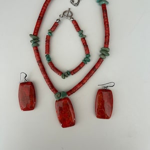Jewelry set necklace earrings bracelet turquoise and coral or jasper